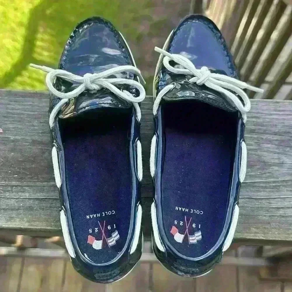Cole Haan Nantucket Camp Moc Navy Blue Patent Leather Boat Shoes Women's Size 6B - Picture 8 of 13